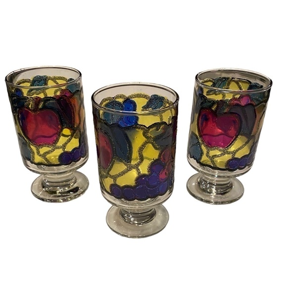 Vintage 1970s Set of 3 Fruit Faux Stained Glass Water Glasses MCM - Picture 1 of 9
